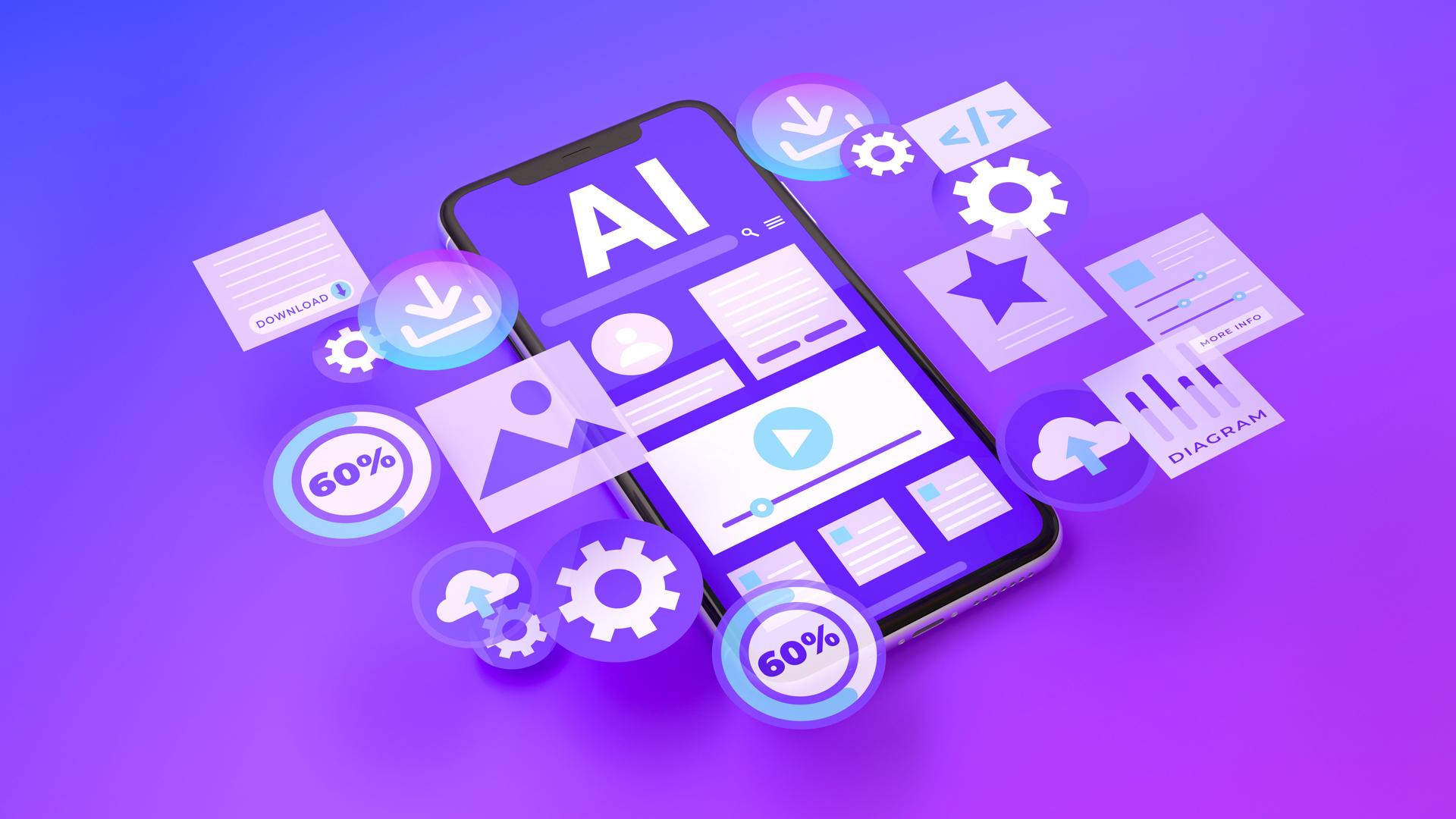 AI Technology Concept: Isometric 3D Smartphone with Floating App Icons, Cloud Computing Symbols, Gear Icons, and Futuristic UI Elements on a Neon Blue-Purple Background, Featuring Abstract Data Visualization and Coding Symbols